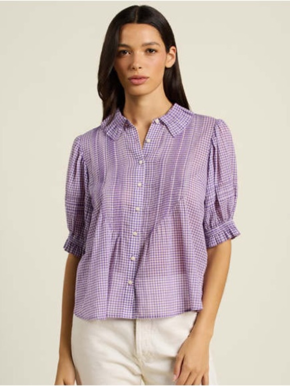 Birds of Paradis by Trovata Jess Puff Sleeve Blouse in Lilac Gingham Plaid Large - Picture 2 of 7